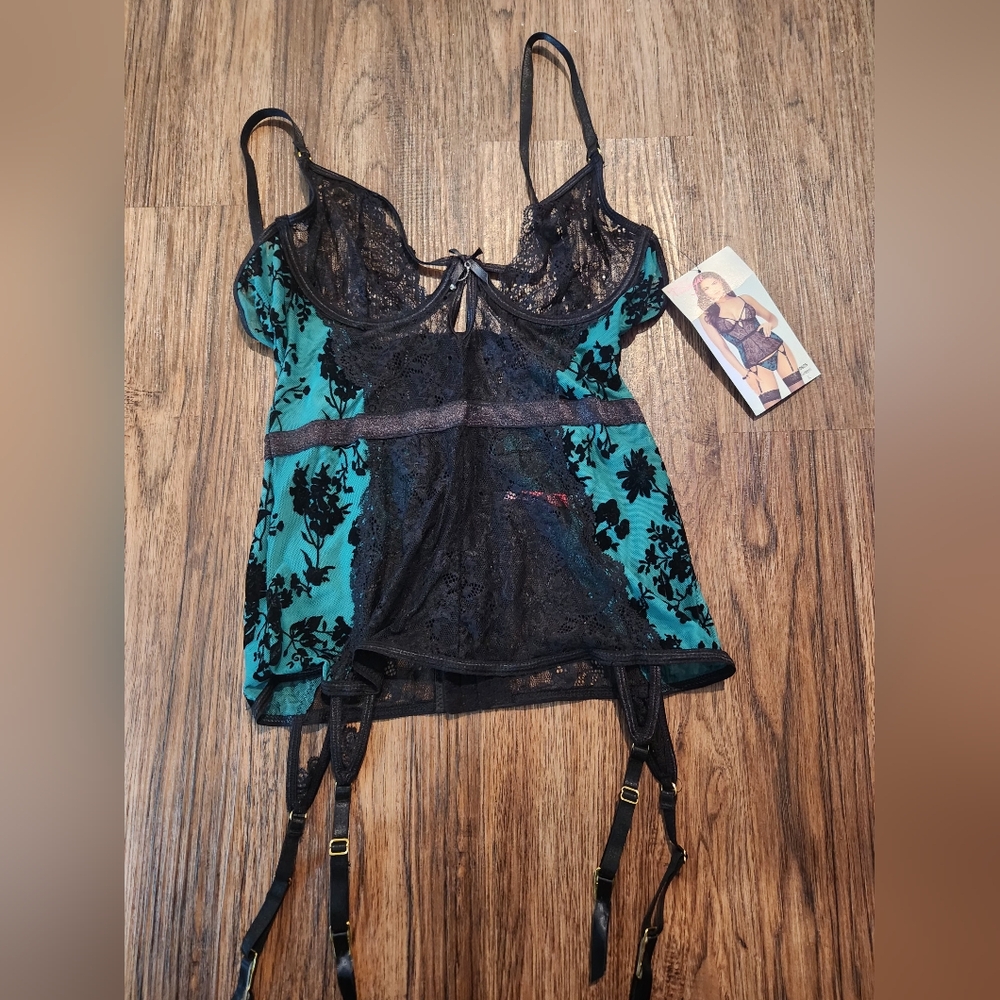NWT Elegant Black and Teal Lace Bustier